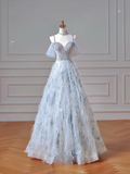 Elegant Ball Gown Off The Shoulder Light Sky Blue Tulle Long Formal Prom Evening Dress Dinner Outfits Party Gowns HZ0311