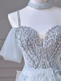 Elegant Ball Gown Off The Shoulder Light Sky Blue Tulle Long Formal Prom Evening Dress Dinner Outfits Party Gowns HZ0311