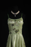Vintage A line Spaghetti Strap Sage Green Tulle Tea Length Party Dress With Beads 1950s Retro Classy Birthday Dinner Prom Dresses HZ0311