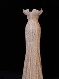 Classy Formal Mermaid Sweetheart Champagne Sequins With Beads Bow-knot Style Impress Long Prom Dresses Party Gowns HZ0311
