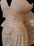 Classy Formal Mermaid Sweetheart Champagne Sequins With Beads Bow-knot Style Impress Long Prom Dresses Party Gowns HZ0311