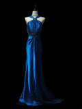 Retro 60s A line Halter Royal Blue Satin Sleeveless Long Evening Dresses Inspo Senior Night Dance Prom Dress HZ0311