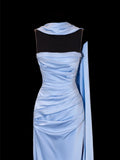 Classy Sheath Spaghetti Strap Light Sky Blue Satin Formal Style Impress Long Prom Dresses Party Gowns HZ0311
