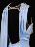 Classy Sheath Spaghetti Strap Light Sky Blue Satin Formal Style Impress Long Prom Dresses Party Gowns HZ0311