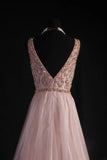 Women's Cocktail Party Gowns A Line V Neck Blush Pink With Beaded Tops Long Graduation Dinner Outfits Prom Dresses HZ0311