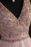 Women's Cocktail Party Gowns A Line V Neck Blush Pink With Beaded Tops Long Graduation Dinner Outfits Prom Dresses HZ0311