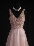 Women's Cocktail Party Gowns A Line V Neck Blush Pink With Beaded Tops Long Graduation Dinner Outfits Prom Dresses HZ0311