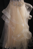 Women's Cocktail Party Gowns A Line V Neck Champagne With Beaded Tops Long Graduation Dinner Outfits Prom Dresses HZ0311
