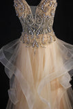 Women's Cocktail Party Gowns A Line V Neck Champagne With Beaded Tops Long Graduation Dinner Outfits Prom Dresses HZ0311