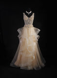 Women's Cocktail Party Gowns A Line V Neck Champagne With Beaded Tops Long Graduation Dinner Outfits Prom Dresses HZ0311