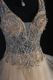 Women's Cocktail Party Gowns A Line V Neck Champagne With Beaded Tops Long Graduation Dinner Outfits Prom Dresses HZ0311