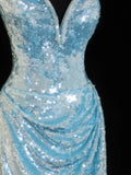 Classy Sheath Spaghetti Straps Blue Sparkly Sequins Style Impress Long Prom Dresses Formal Party Gowns HZ0311
