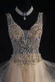 Women's Cocktail Party Gowns A Line V Neck Champagne With Beaded Tops Long Graduation Dinner Outfits Prom Dresses HZ0311