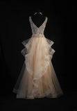 Women's Cocktail Party Gowns A Line V Neck Champagne With Beaded Tops Long Graduation Dinner Outfits Prom Dresses HZ0311
