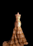 Vintage 1950s Mermaid Spaghetti Strap Gold Lace Tiered With Appliques Long Prom Dresses High School Senior Graduation Dance Evening Gown HZ0311