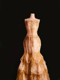 Vintage 1950s Mermaid Spaghetti Strap Gold Lace Tiered With Appliques Long Prom Dresses High School Senior Graduation Dance Evening Gown HZ0311