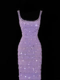 Classy Sheath Square Neck Lilac Tulle With Beads Gem Formal Style Impress Long Prom Dresses Party Gowns HZ0311