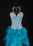 Vintage Ball Gowns Women's Cocktail Party Gowns High Low Sweetheart Blue With Tiered Beaded Tops Long Graduation Dinner Outfits Prom Dresses HZ0311