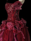 Unique Ball Gown Spaghetti Strap Burgundy Tulle With Beads Long Prom Quinceanera Dresses Sweet 15 16 Birthday Gown HZ0311