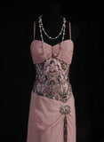 Vintage A Line Spaghetti Strap Pink Floor Length Chiffon Party Dress With Beads 1950s Retro Classy Birthday Dinner Prom Dresses HZ0311