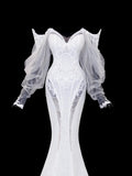 Elegant Women's Mermaid Off The Shoulder With Long Sleeves White Tulle Lace Long Wedding Gowns Dresses HZ0311