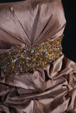 Chic Sheath Strapless Brown Taffeta With Gold Beads Short 16th Birthday Dress Homecoming Dresses Cocktail Gown HZ0311