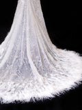 Elegant Women's Mermaid Scoop Neck With Long Sleeves White Tulle With Beadings Feather Long Wedding Gowns Dresses HZ0311