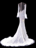 Elegant Women's Mermaid Scoop Neck With Long Sleeves White Tulle With Beadings Feather Long Wedding Gowns Dresses HZ0311