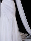Elegant Women's Mermaid Strapless With One Shoulder Sleeves White Tulle Long Wedding Gowns Dresses HZ0311