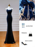 Classy Mermaid Spaghetti Straps Navy Blue With Bow Long Formal Prom Dresses Dance Night Outfits Party Gowns HZ0311