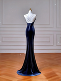 Classy Mermaid Spaghetti Straps Navy Blue With Bow Long Formal Prom Dresses Dance Night Outfits Party Gowns HZ0311