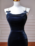Classy Mermaid Spaghetti Straps Navy Blue With Bow Long Formal Prom Dresses Dance Night Outfits Party Gowns HZ0311