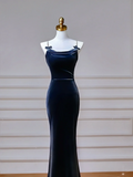 Classy Mermaid Spaghetti Straps Navy Blue With Bow Long Formal Prom Dresses Dance Night Outfits Party Gowns HZ0311