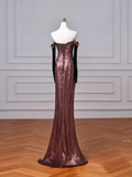 Sparkly Mermaid Strapless Sequins With Gloves Sleeves Long Formal Fancy Prom Evening Dress Dinner Outfits Party Gowns HZ0311