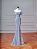 Sparkly Mermaid Strapless Light Blue Sequins With Sleeves Long Formal Fancy Prom Evening Dress Dinner Outfits Party Gowns HZ0311