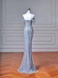 Sparkly Mermaid Strapless Light Blue Sequins With Sleeves Long Formal Fancy Prom Evening Dress Dinner Outfits Party Gowns HZ0311