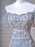 Sparkly Mermaid Strapless Light Blue Sequins With Sleeves Long Formal Fancy Prom Evening Dress Dinner Outfits Party Gowns HZ0311