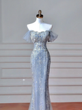 Sparkly Mermaid Strapless Light Blue Sequins With Sleeves Long Formal Fancy Prom Evening Dress Dinner Outfits Party Gowns HZ0311