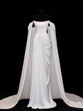 Modest Prom Dresses Aesthetic Sheath Off The Shoulder Ivory Satin Inspiration Style Impress With Sleeves Cape Long Party Formal Gown HZ0311
