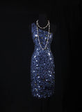 Chic Sheath One Shoulder Navy Blue Sequins Knee Length 16th Birthday Dress Homecoming Dresses Cocktail Gown HZ0311
