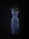 Chic Sheath One Shoulder Navy Blue Sequins Knee Length 16th Birthday Dress Homecoming Dresses Cocktail Gown HZ0311
