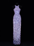 Classy Formal Sheath Scoop Neck Lilac Sequins With Tassel Style Impress Long Prom Dresses Party Gowns HZ0311