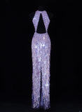 Classy Formal Sheath Scoop Neck Lilac Sequins With Tassel Style Impress Long Prom Dresses Party Gowns HZ0311