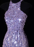 Classy Formal Sheath Scoop Neck Lilac Sequins With Tassel Style Impress Long Prom Dresses Party Gowns HZ0311