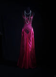 Retro Vintage 1960s Formal Mermaid V Neck Fashion Hot Pink Satin With Beads Sleeveless Long Prom Dresses Party Formal Gowns HZ0311