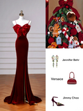 Classy Mermaid Spaghetti Straps Burgundy Velvet Long Formal Prom Dresses Dance Night Outfits Party Gowns HZ0311