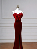 Classy Mermaid Spaghetti Straps Burgundy Velvet Long Formal Prom Dresses Dance Night Outfits Party Gowns HZ0311