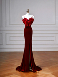 Classy Mermaid Spaghetti Straps Burgundy Velvet Long Formal Prom Dresses Dance Night Outfits Party Gowns HZ0311