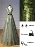 Elegant Ball Gown V Neck Green Tulle Long Formal Prom Evening Dresses Dinner Outfits Party Gowns HZ0311