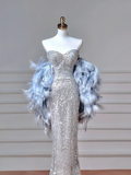 Elegant Mermaid Sweetheart Silver Gray Sequin Long Formal Prom Evening Dress Dinner Outfits Party Gowns HZ0311